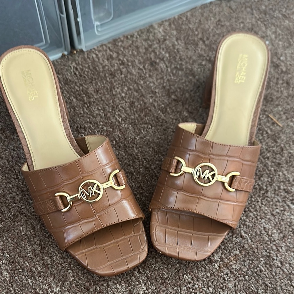 Michael Kors Brown Leather Mules with Silver Hardware